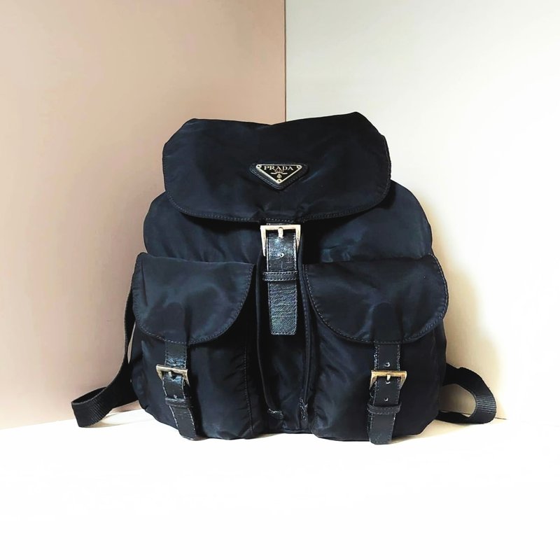 [LA LUNE] Second-hand Prada black nylon side shoulder single and double shoulder backpack small handbag - Backpacks - Waterproof Material Black