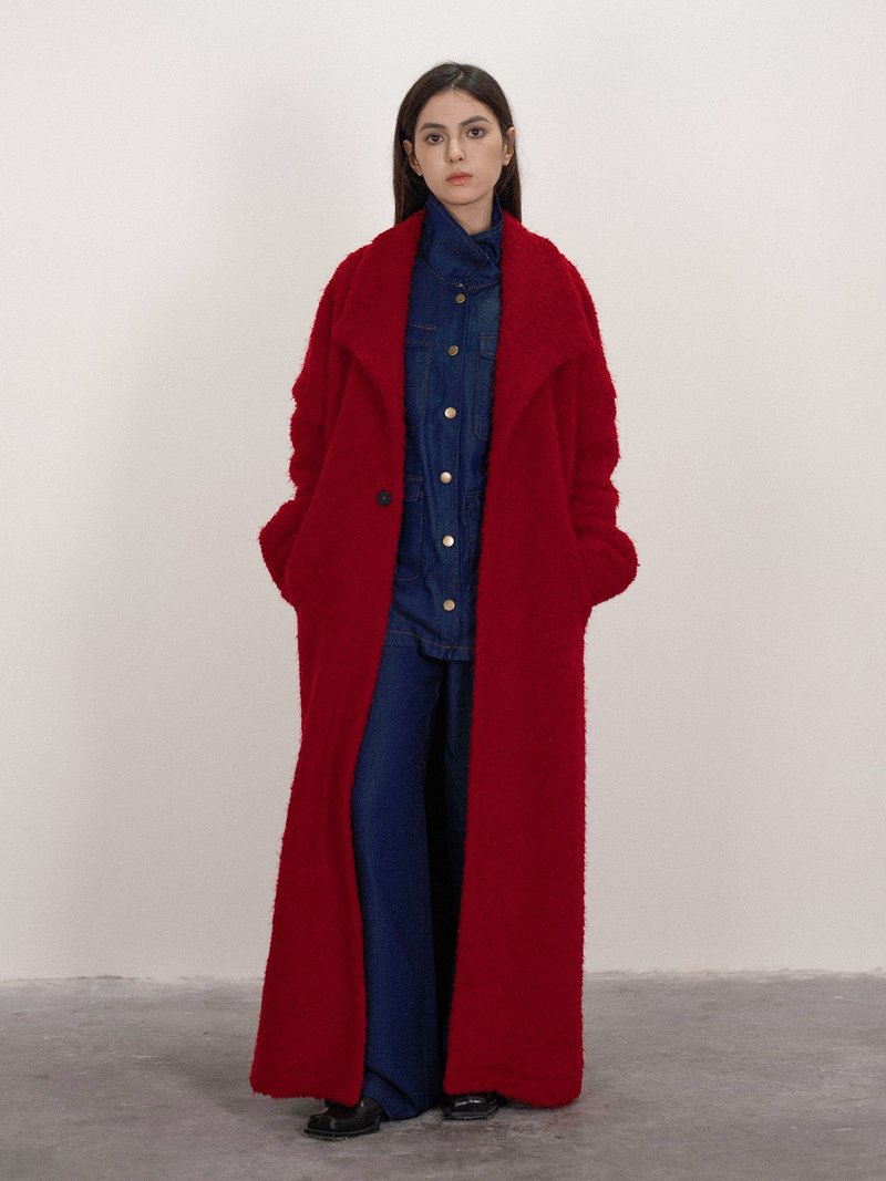 法式復古 / 壓褶毛大衣外套 / 羊毛 - 女大衣/外套 - 其他材質 紅色