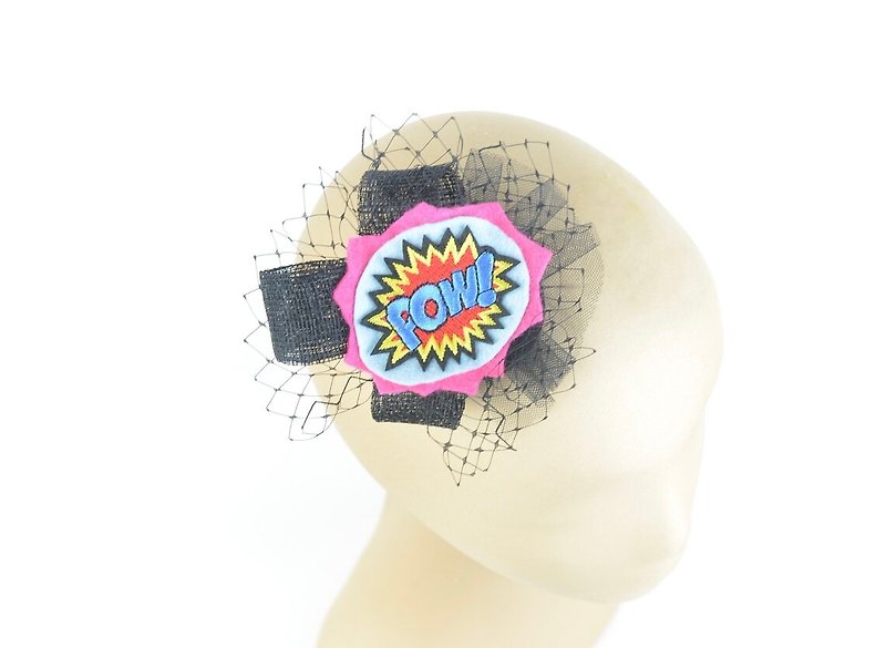 Headpiece Hair Clip Comics Pow! with Veil Mini Fascinator Geek Nerd Chic Fun - 髮夾/髮飾 - 其他材質 黑色