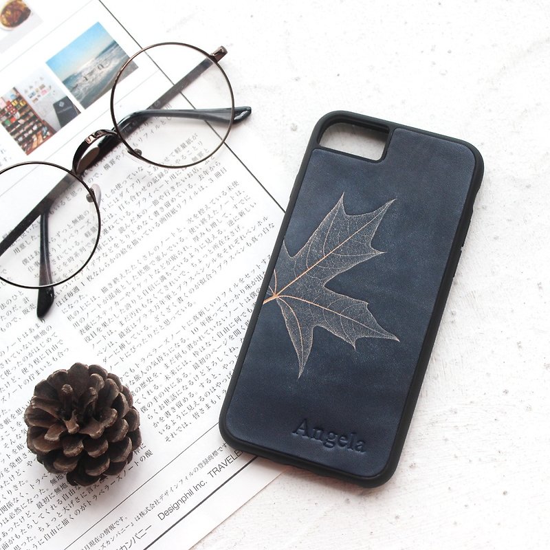 Dark blue maple leaf iphone11pro 7 8 plus x xs max xr leather phone case protective case - Phone Cases - Genuine Leather Blue