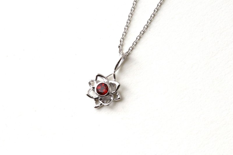 Garnet lotus flower SV necklace - Necklaces - Other Metals Red