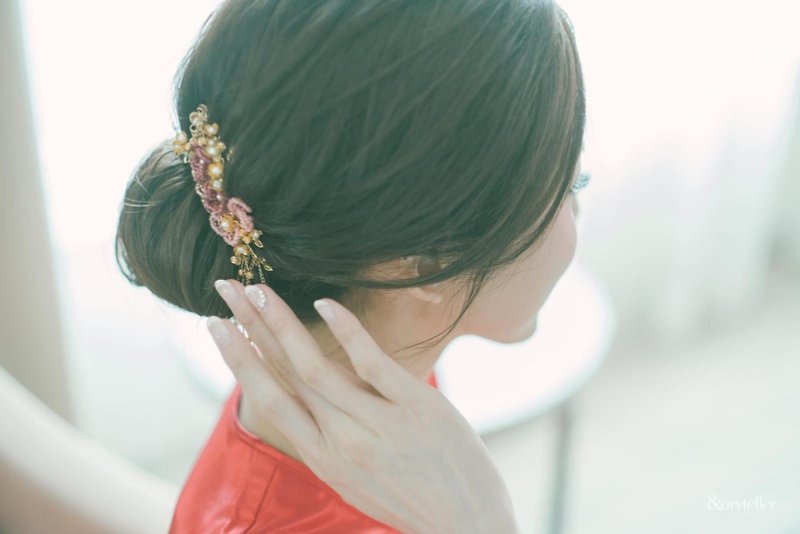 Bridal Headpiece 華麗新娘中式頭飾 - 串珠花型款 (一套3件) - 髮夾/髮飾 - 玻璃 紅色
