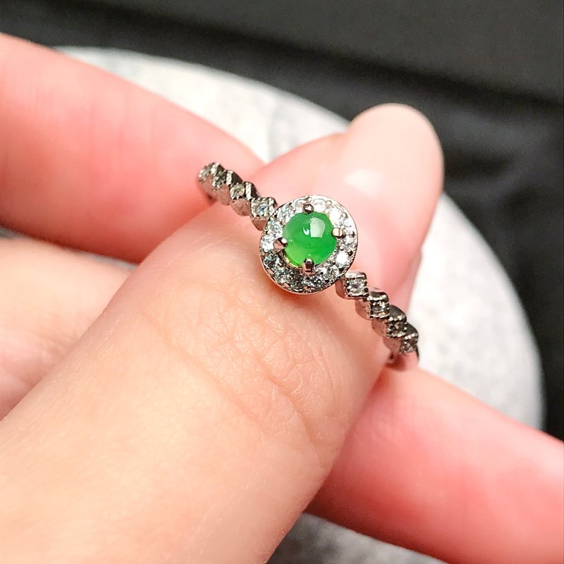 Ice sun green jade cabochon ring 925 sterling silver inlaid | Natural Burmese jade A grade jade | Gift giving - แหวนทั่วไป - หยก สีเขียว