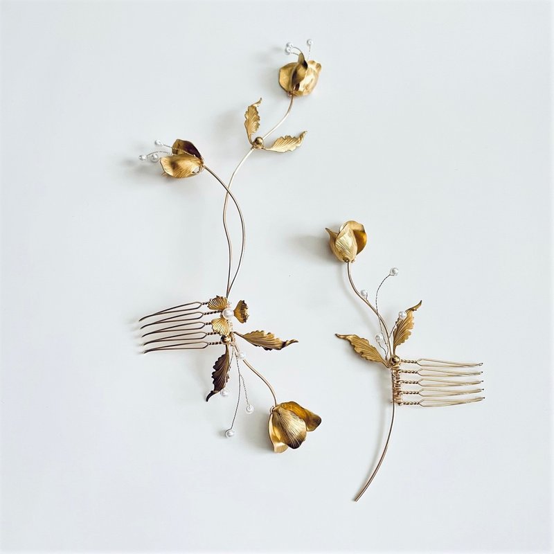 Ivy and flower leaf hair comb set - เครื่องประดับผม - ทองแดงทองเหลือง สีทอง