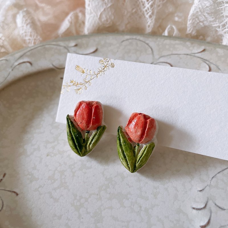 tulip piercing(earring) - Earrings & Clip-ons - Pottery Pink