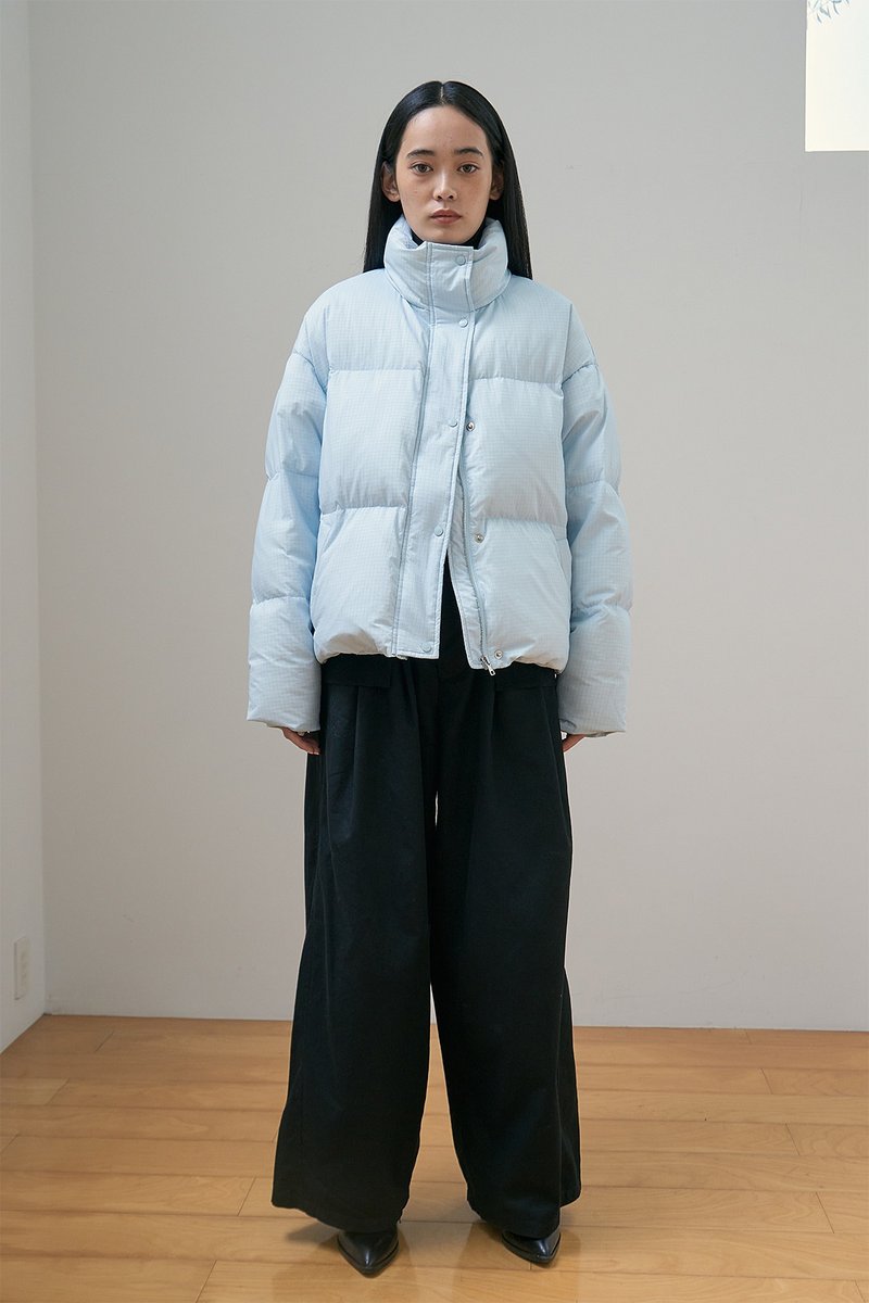日系復古 藍色細格紋立領面包羽絨服 - 女上衣/長袖上衣 - 其他材質 藍色