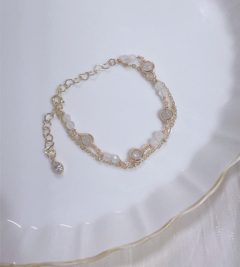 Moonstone/faceted crystal Stone/woven style double chain 14K gold-filled color-preserving bracelet with extension chain - สร้อยข้อมือ - โลหะ ขาว