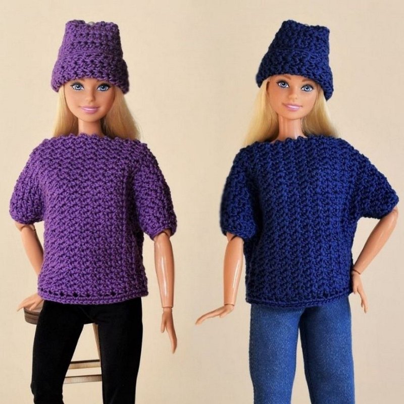 Crochet clothes Barbie pattern, crochet sweater and hat doll digital download - Knitting, Embroidery, Felted Wool & Sewing - Cotton & Hemp Blue