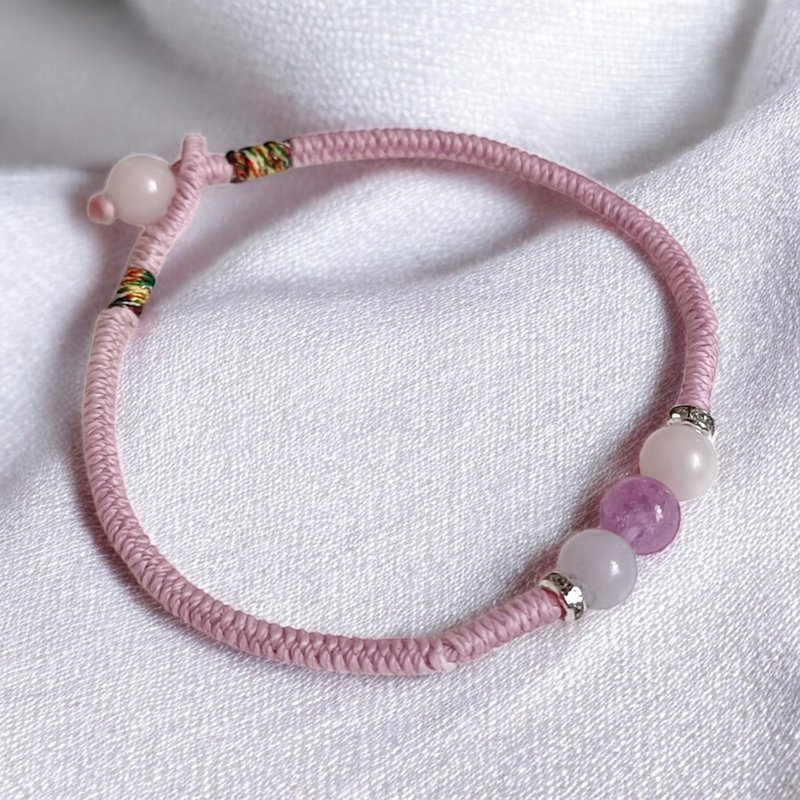 極簡晶石系 夢幻三色三石手環 蠟線金剛結 扣珠款 - 手鍊/手環 - 其他材質 粉紅色