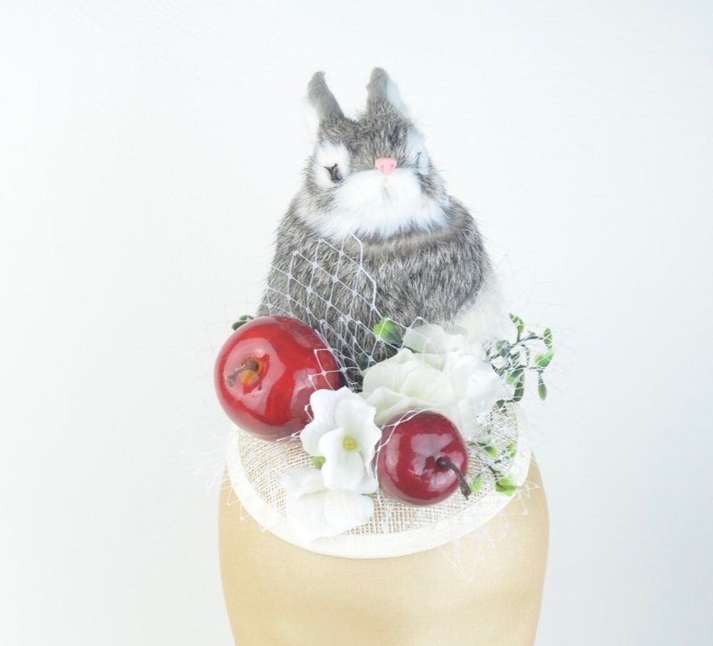 Headpiece with Cute Furry Rabbit, White Flowers, Glossy Apples and Veil - 髮圈/髮夾 - 其他材質 白色