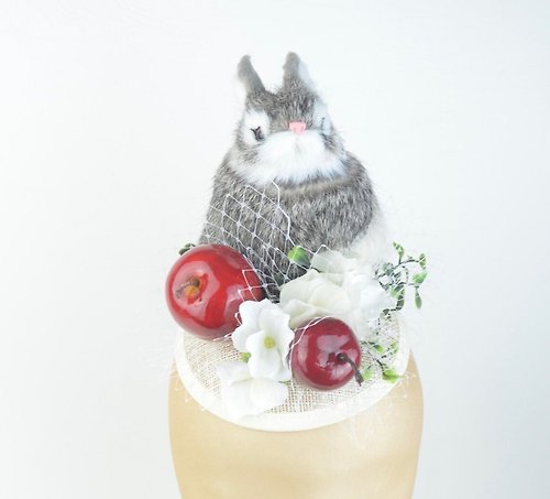 Elle Santos Headpiece with Cute Furry Rabbit, White Flowers, Glossy Apples and Veil