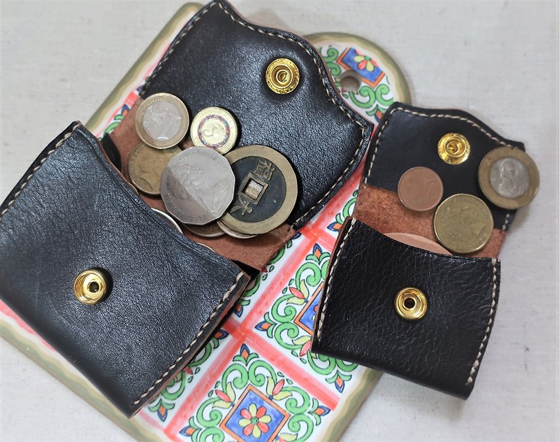 Hand-stitched Italian black leather coin purse (2 styles) / handmade - กระเป๋าใส่เหรียญ - หนังแท้ สีดำ