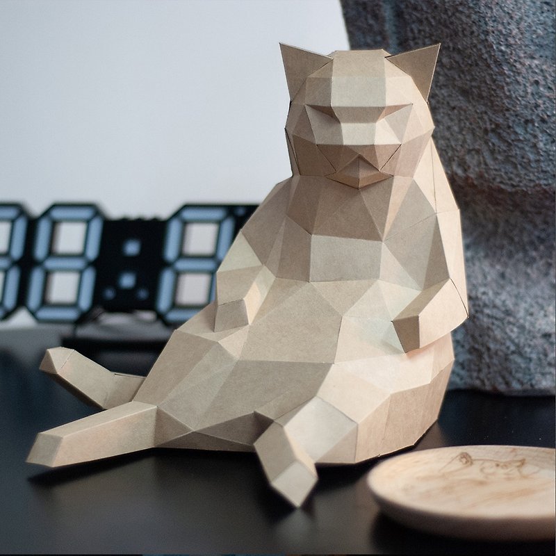 DIY hand-made 3D paper model ornaments fat cat series-Uncle Sitting Fat Cat & Little Uncle Cat (5 colors optional) - Stuffed Dolls & Figurines - Paper Khaki