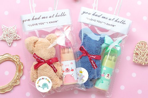 幸福朵朵 婚禮小物 花束禮物 生日分享禮 小熊毛巾+(有包裝)彩色鉛筆 | 慶生 小朋友 禮物 學校