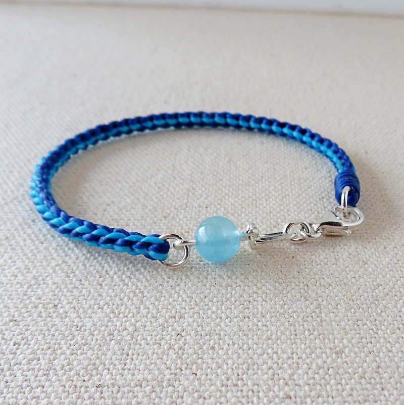 Sterling Silver**Lucky Pray【Lucky Stone】Sea Water Sapphire Silk Wax Bracelet**Eight Strands - Bracelets - Gemstone Blue