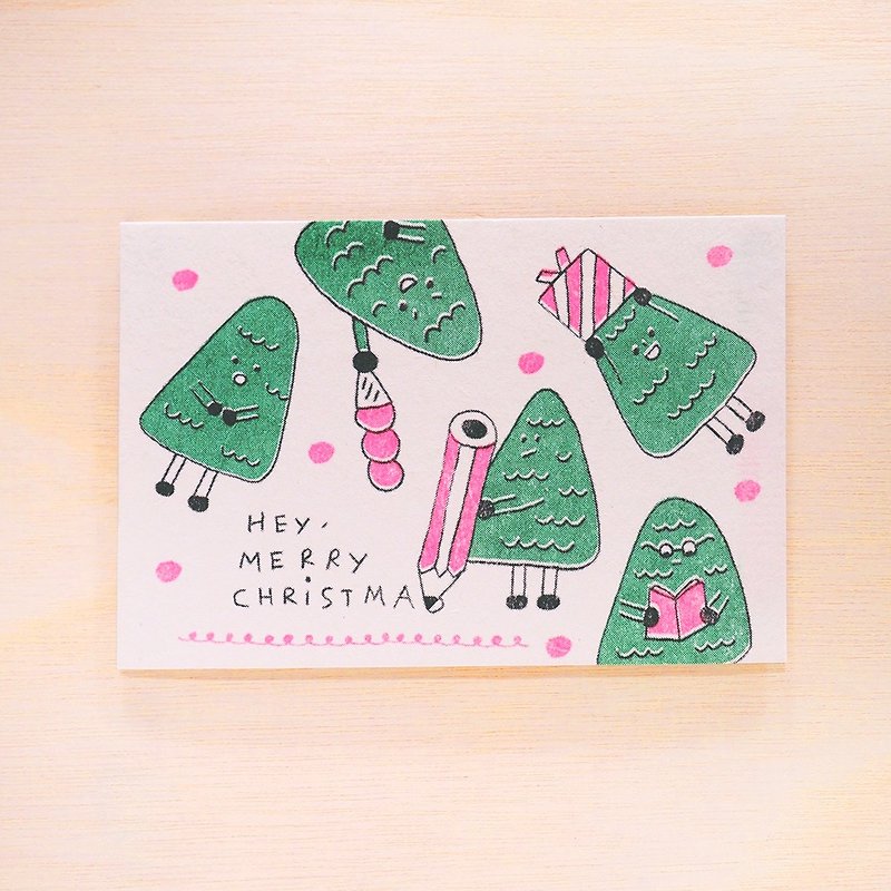 the Group of Mr. Xmas Trees / Risograph Postcard - Cards & Postcards - Paper Green