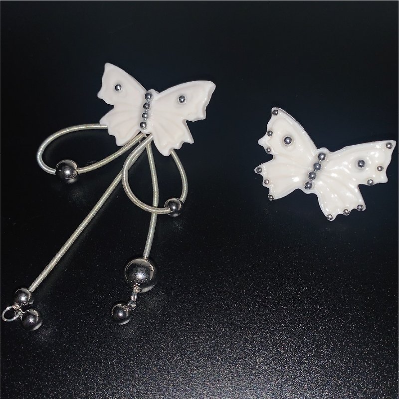 Original Soft Pottery Hand Made Earrings White Butterfly Earrings Asymmetric Pendant Design - Earrings & Clip-ons - Pottery 