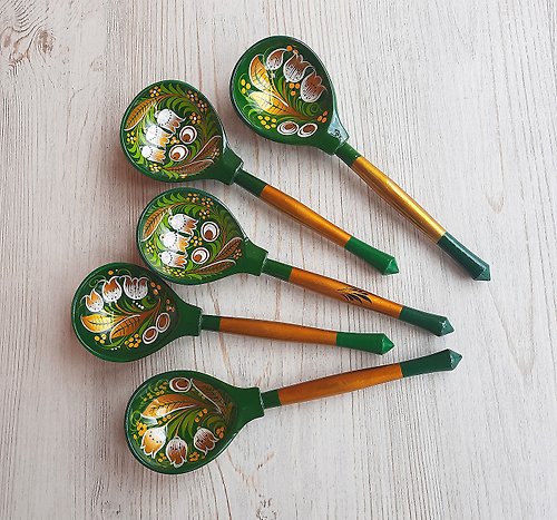 DonArtStudio Khokhloma painting wooden Russian spoons green gold white colors