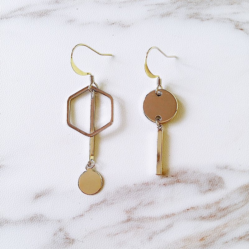 :: :: minimalist geometric series of simple geometric shapes personality mix and match asymmetrical earrings / :: Minimalist Geometric Collection :: Rhodium Plated Asymmetrical Minimalist Geometric Hexagon Round Circle Bar Dangle Drop Earrings - Earrings & Clip-ons - Other Metals Silver