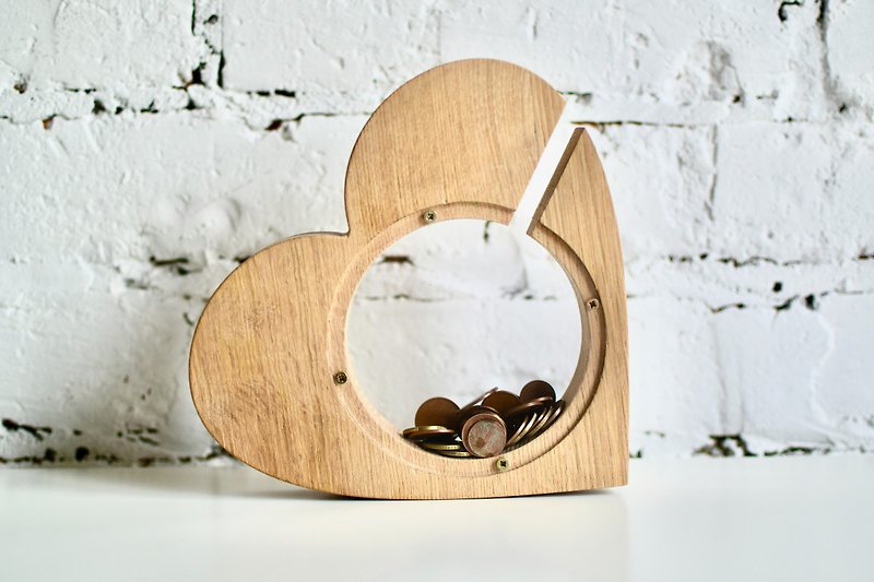 กระปุกออมสินรูปหัวใจสำหรับเหรียญทำจากไม้โอ๊ค - กระปุกออมสิน - ไม้ 