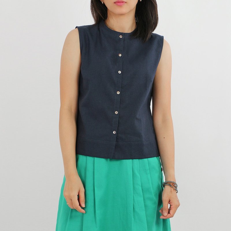 Fronted Button Sleeveless Cotton Linen Blouse, Blue, Navy Blue - Women's Tops - Cotton & Hemp Blue