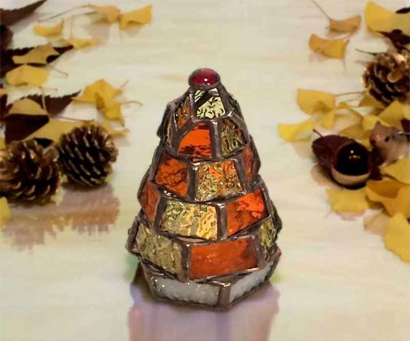[Small fir tree lamp / Autumn leaves ver.] Stained glass mini lamp (with LED light) - Lighting - Glass Orange