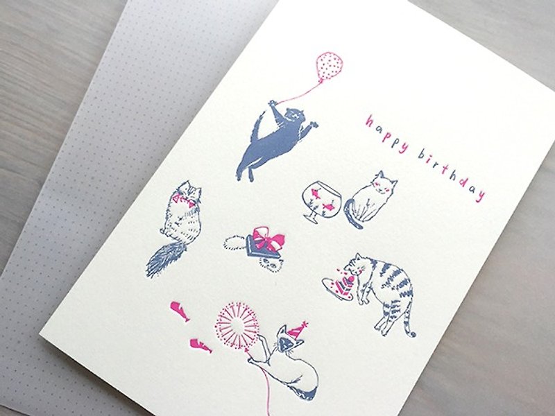 派對貓 活版印刷生日卡 - 卡片/明信片 - 紙 紫色
