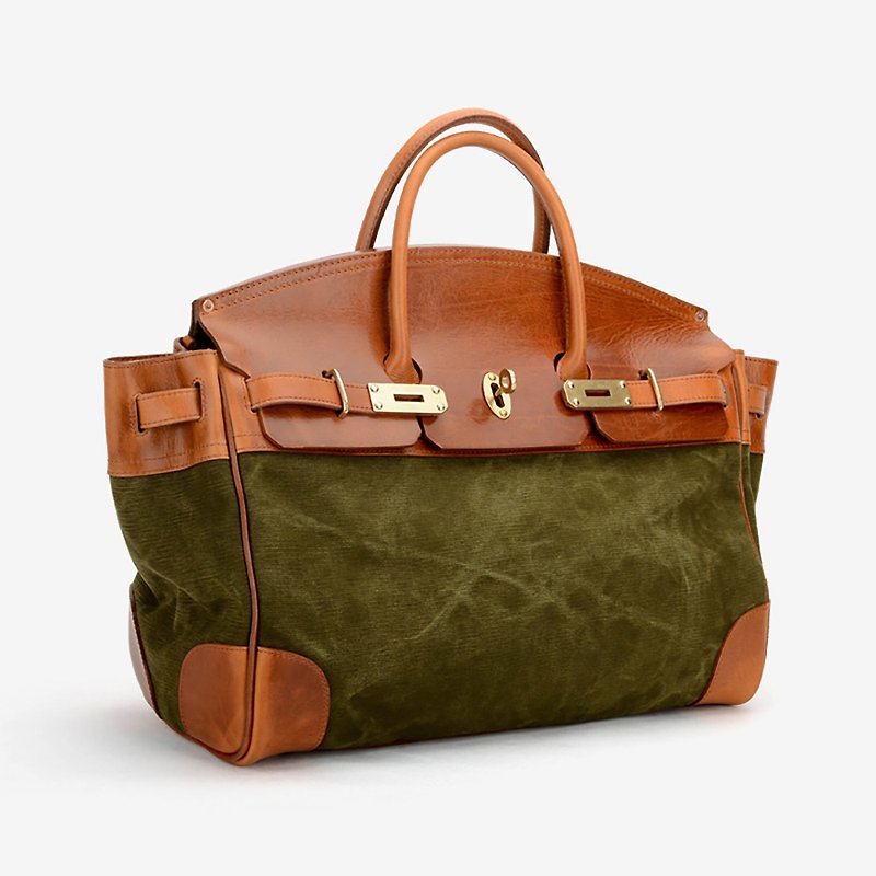 Craftsman handmade classic platinum shape clutch bag, side backpack, crossbody bag, top leather and canvas green model - กระเป๋าแมสเซนเจอร์ - หนังแท้ สีเขียว