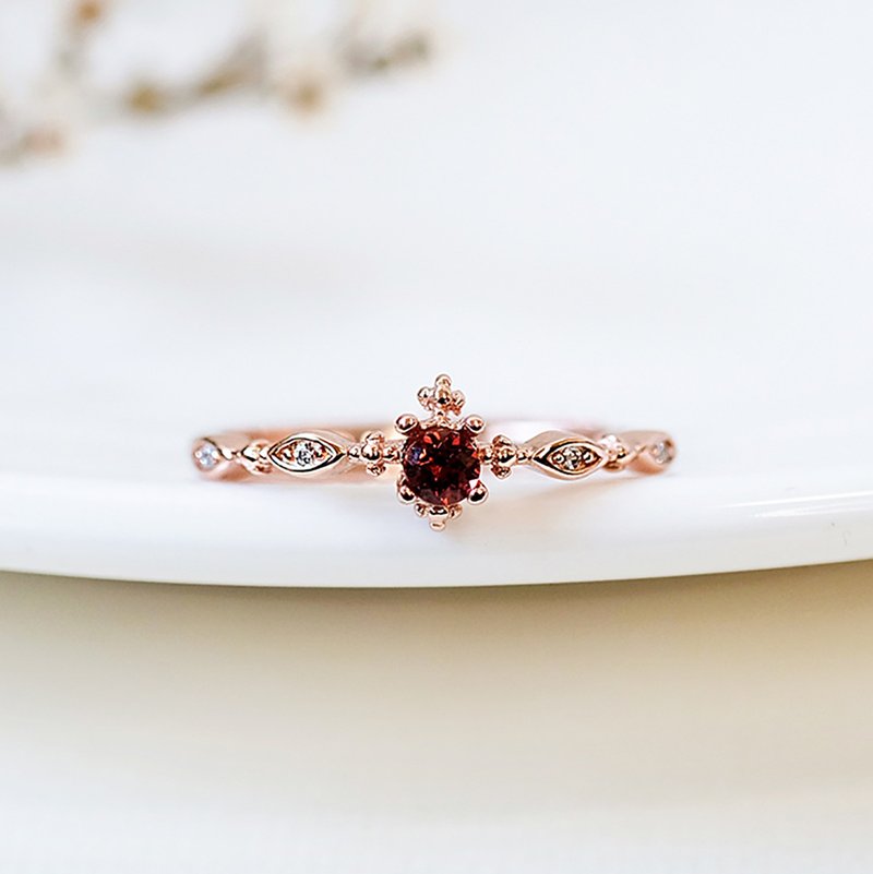 石榴石 Garnet 925純銀 玫瑰金 戒指 爪鑲氣質細戒  1月誕生石 - 戒指 - 純銀 銀色