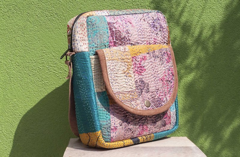 Limited one Valentine's Day creative gift hand-stitched saree side backpack/embroidered side backpack/embroidered cross-body bag/hand-stitched saree cross-body bag/saree stitching backpack-Indian silk desert flower cloth + ethnic embroidery totem - Messenger Bags & Sling Bags - Silk Multicolor