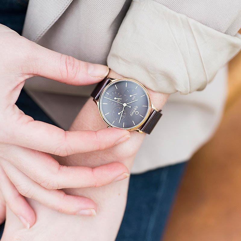 OBAKU丹麥原創三眼極簡咖啡金米蘭帶女錶-V212LMVNMN-34MM - 女裝錶 - 不鏽鋼 