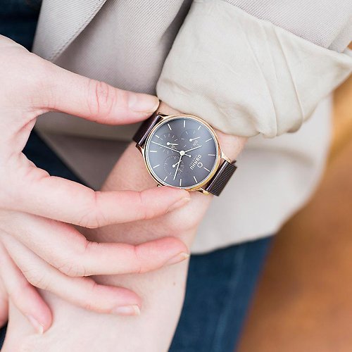 OBAKU 丹麥輕奢極簡設計腕錶 OBAKU丹麥原創三眼極簡咖啡金米蘭帶女錶-V212LMVNMN-34MM