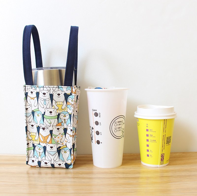 Bear and penguin sitting in line with drink bag (big) green cup bag ice fighter cup bag - ถุงใส่กระติกนำ้ - ผ้าฝ้าย/ผ้าลินิน สีน้ำเงิน