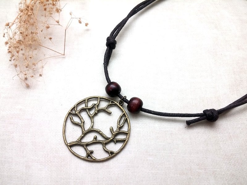 ♥ HY ♥ x necklace handmade bronze Mori Department of twigs simple wooden bead wax cord - สร้อยคอ - โลหะ สีนำ้ตาล