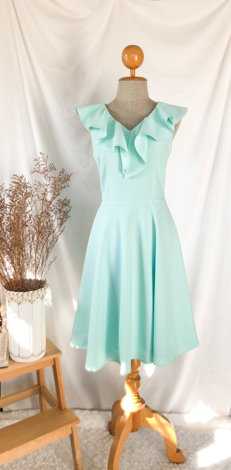 Mint Green Dress Pastel Bridesmaid Dresses Evening Party Dress Ruffle V Neck-B - One Piece Dresses - Polyester Green