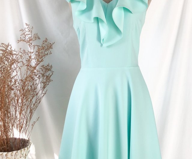 Mint Green Dress Pastel Bridesmaid Dresses Evening Party Dress Ruffle V Neck B Shop ameliadress One Piece Dresses Pinkoi