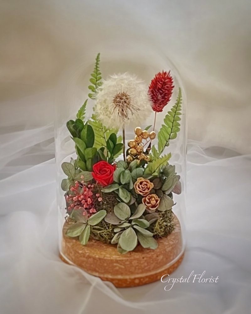 Preserved Dandelion Flower Dome - ช่อดอกไม้แห้ง - แก้ว 