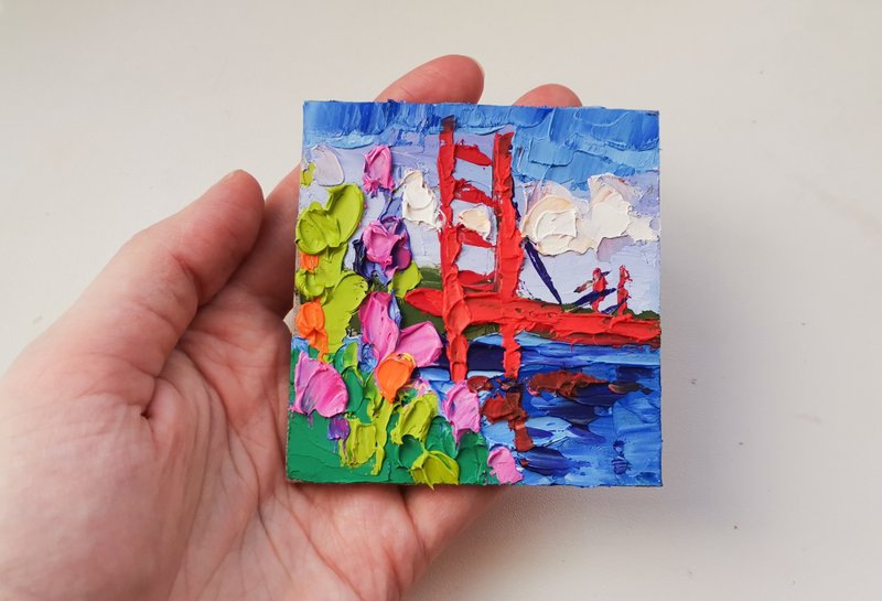 油畫原作 Golden Gate 手工油畫 Original Art San Francisco Flowers Oil Painting Verafe - 海報/掛畫/掛布 - 其他材質 粉紅色