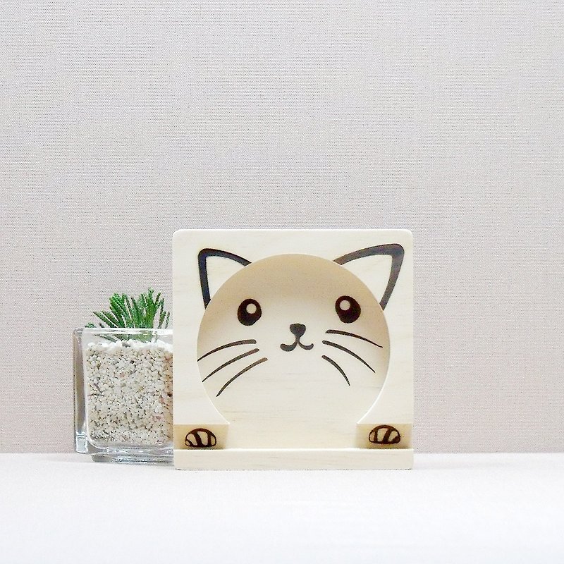 Cat Coaster Meow Mark Coaster Meow Star Smart Phone Holder Birthday Gift Customized Wishes - ถ้วย - ไม้ สีนำ้ตาล