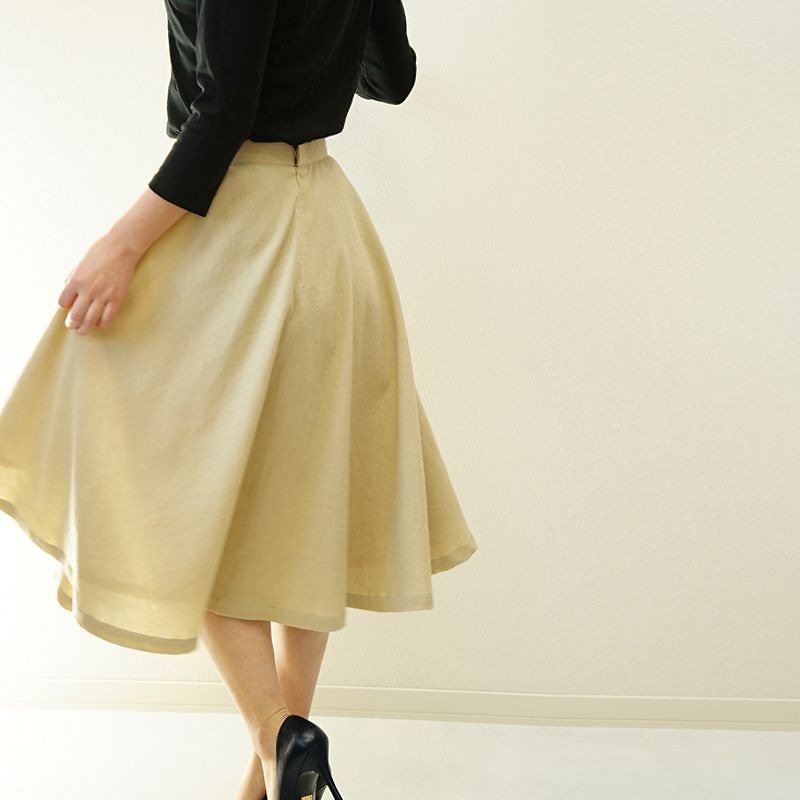 【wafu】 Diagonal cutting flare skirt  cotton×line striped crepe・lined / Ecru sk2-6 - スカート - コットン・麻 カーキ