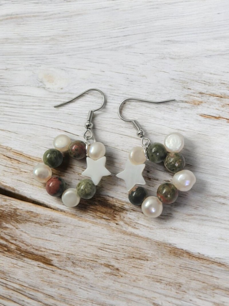 Earrings, Unakite Stone, natural pearl - Earrings & Clip-ons - Stone Multicolor