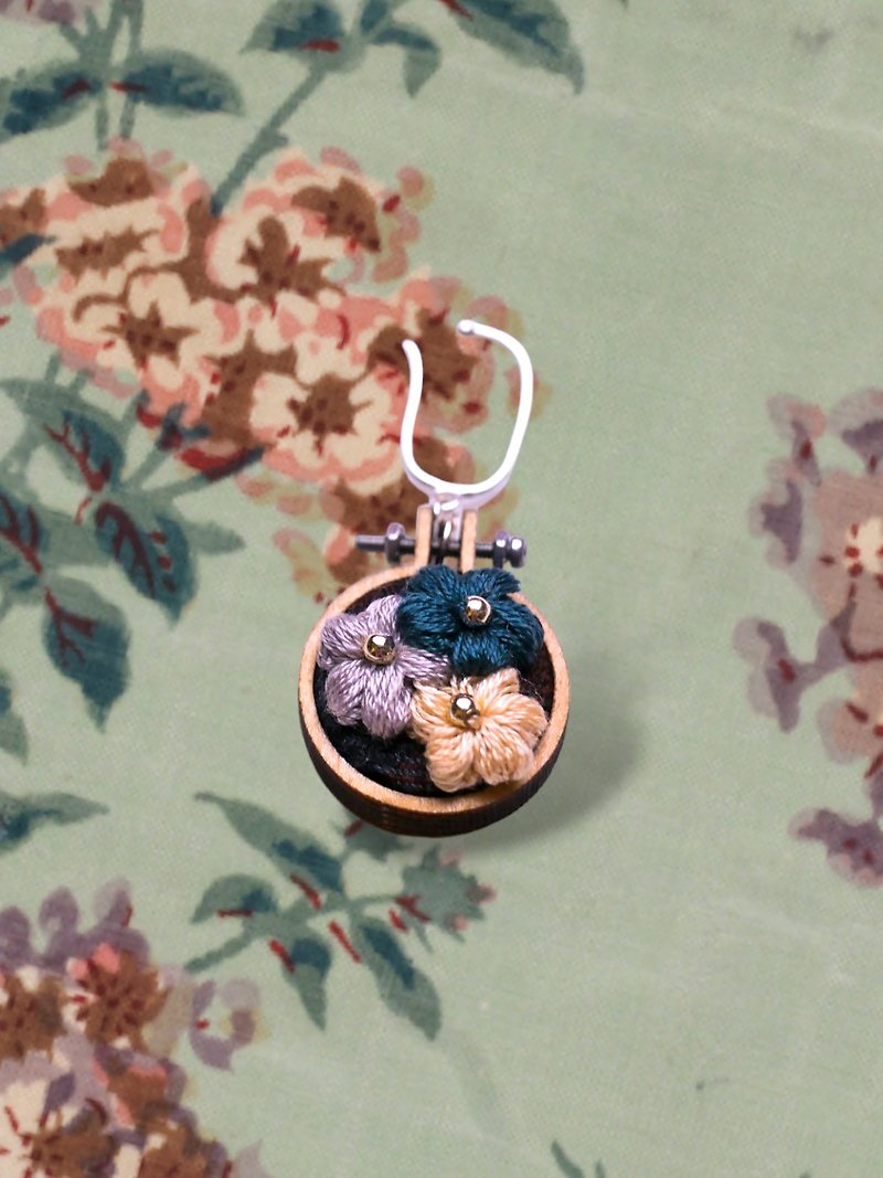 Petal Box collection Mini Embroidery Hoop non-piercing ear hook- Mystic Blue - ต่างหู - งานปัก สีน้ำเงิน