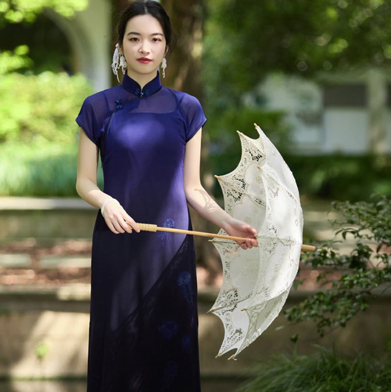 【深海精靈】 新中式復古/雪紡薄紗裙/古法旗袍 - 旗袍/改良式旗袍 - 其他材質 藍色