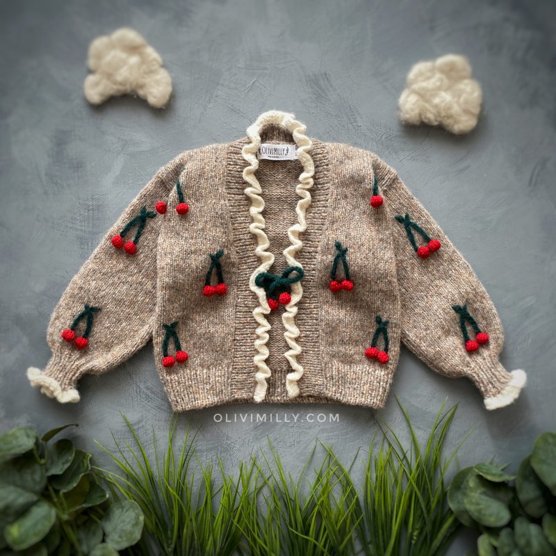 Cherries cardigan, Knitting cardigan, Kids cardigan, baby clothes,Cherries, Kids - 其他 - 羊毛 卡其色