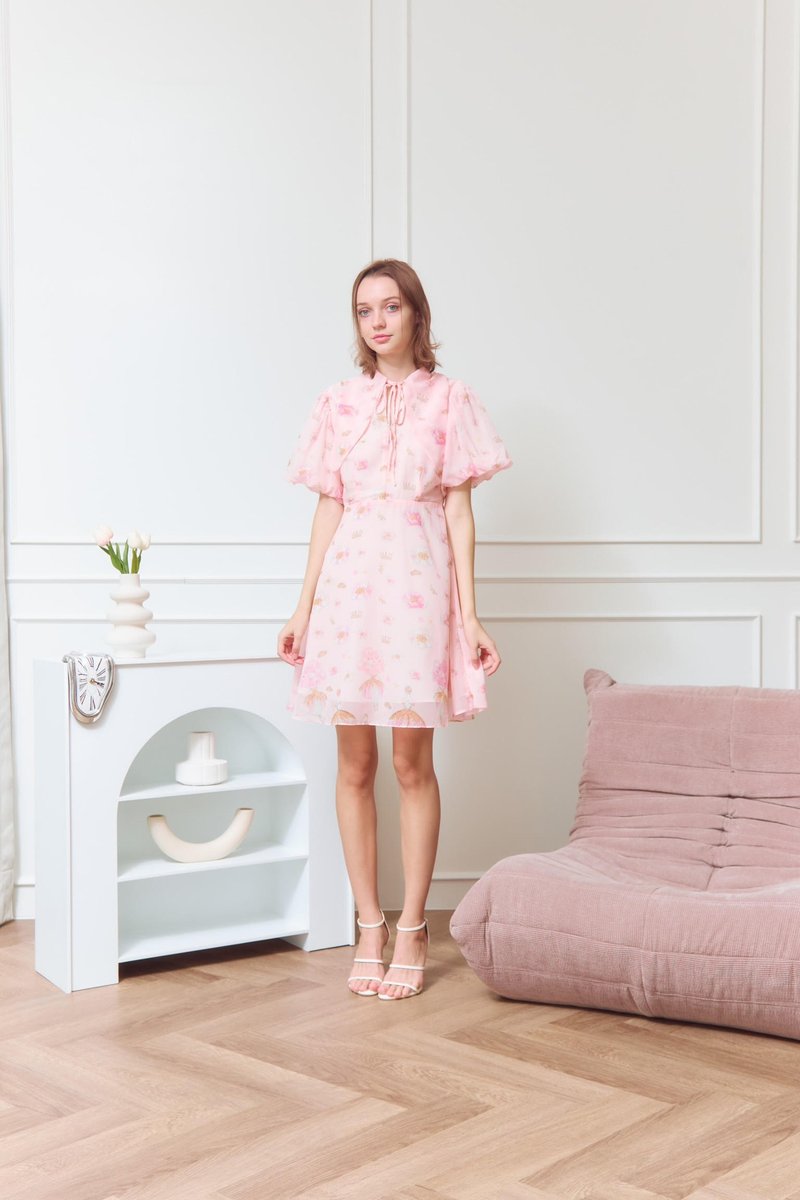 Pink floral chiffon summer sundress Short vintage party dress Dolly sleeves - 洋裝/連身裙 - 聚酯纖維 粉紅色