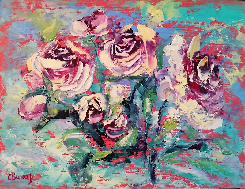 Oil Painting Flower Pink Roses Bushes Impasto Original Artist Svinar Oksana - Other - Other Materials Multicolor