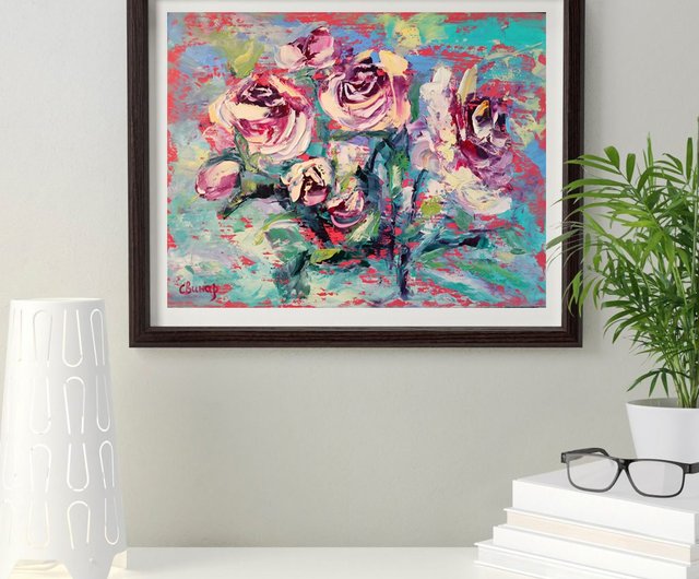 油絵の花 ピンクのバラの茂み インパスト オリジナル 油絵の花 ピンクのバラの茂み インパスト オリジナル