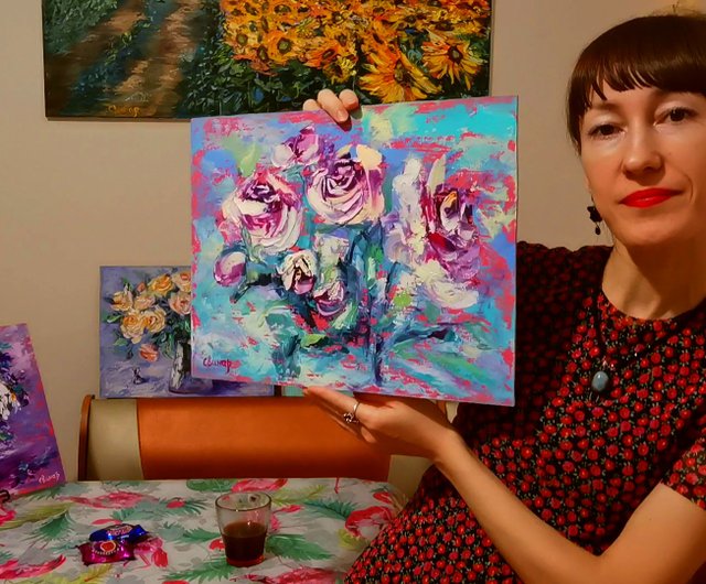 油絵の花 ピンクのバラの茂み インパスト オリジナル