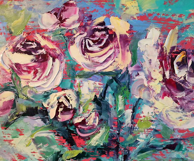 油絵の花 ピンクのバラの茂み インパスト オリジナル アーティスト
