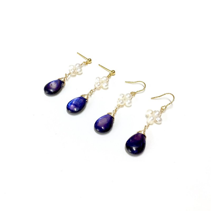 Clip-On can be changed. [Deep Sea] Dark blue water drop & natural pearl earrings. Imported 18k gold plated ear hooks. - Earrings & Clip-ons - Gemstone Blue